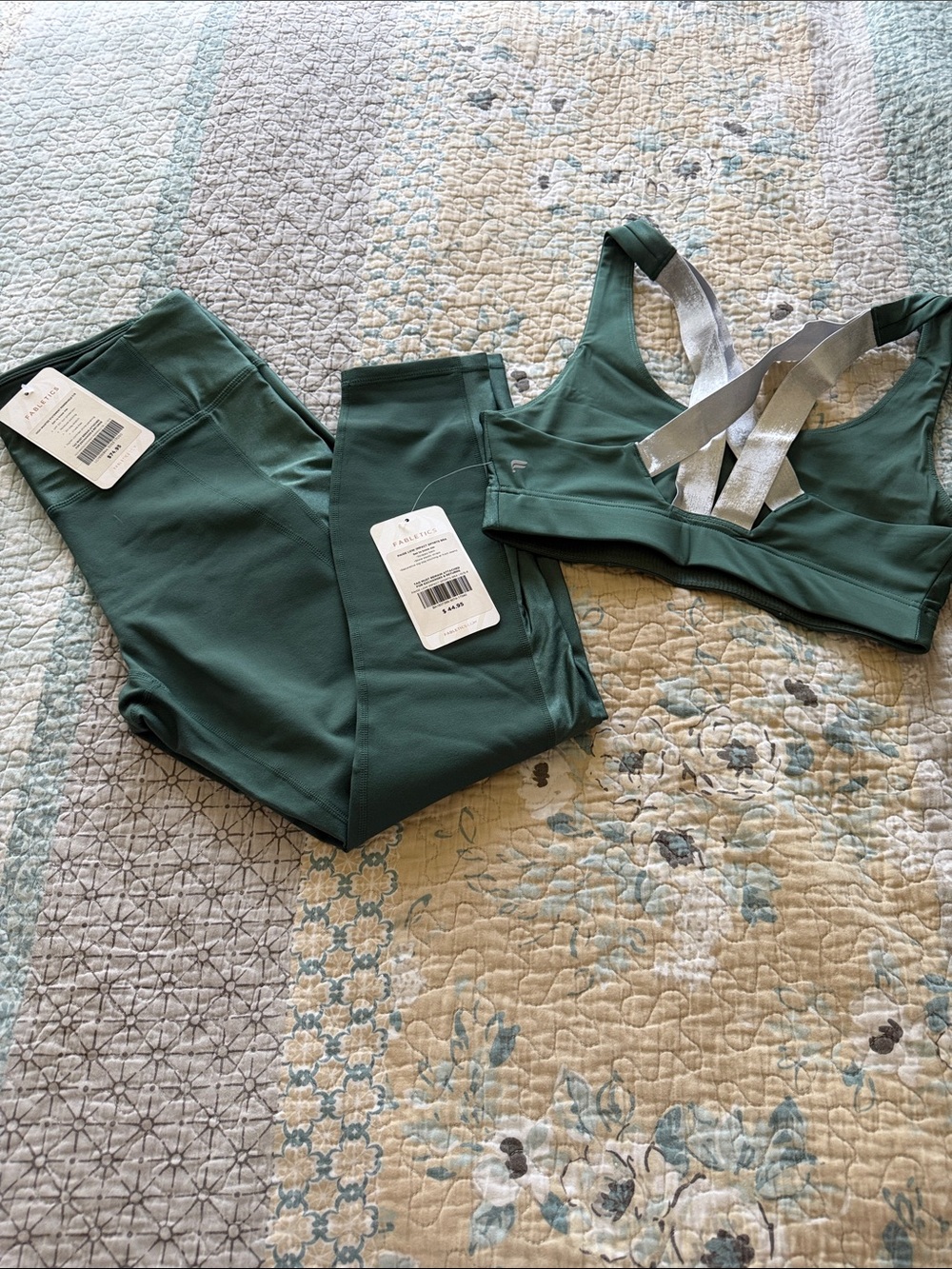 Fabletics Deep Teal Sports Bra & Leggings Set with Silver Straps